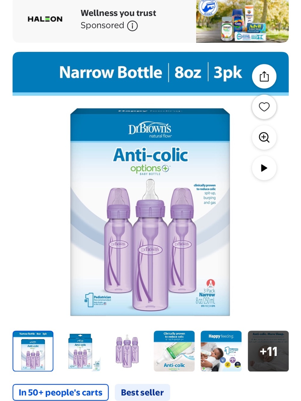 Dr. Brown's Anti-colic Narrow Baby Bottles, 8 oz, 3-Pack - Purple